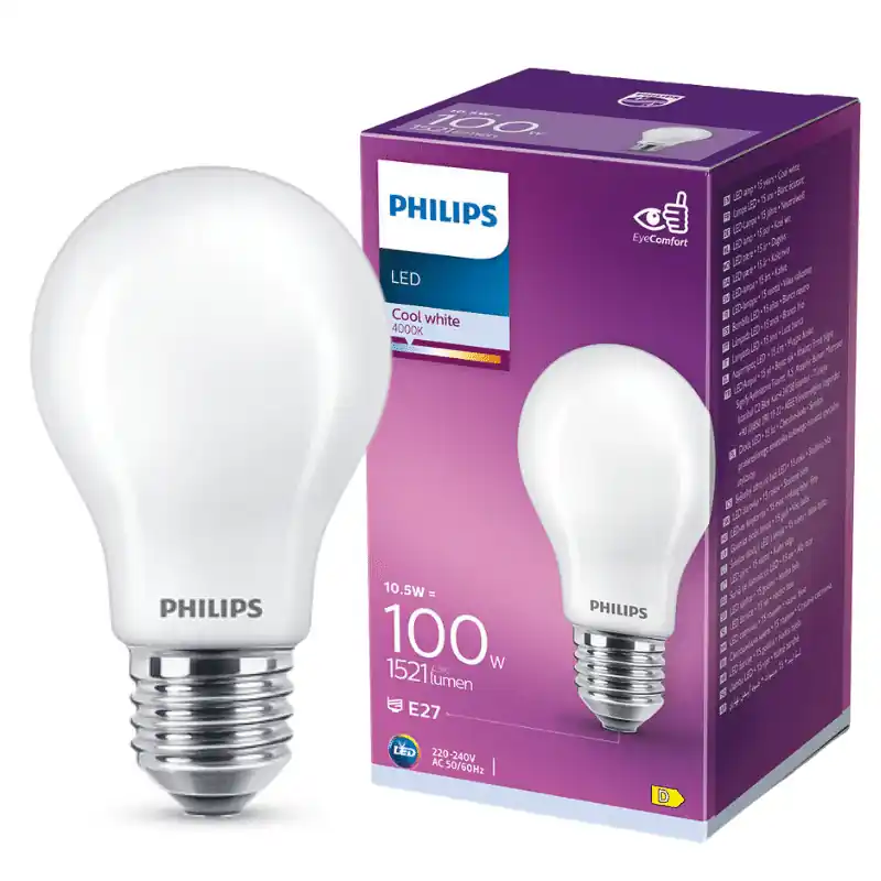Philips LED izzó, E27, 10,5W, Opál üveg, 1521 lm, 4000K, természetes fehér, 300° – 100W-os izzó helyett Korlátozott ajánlat