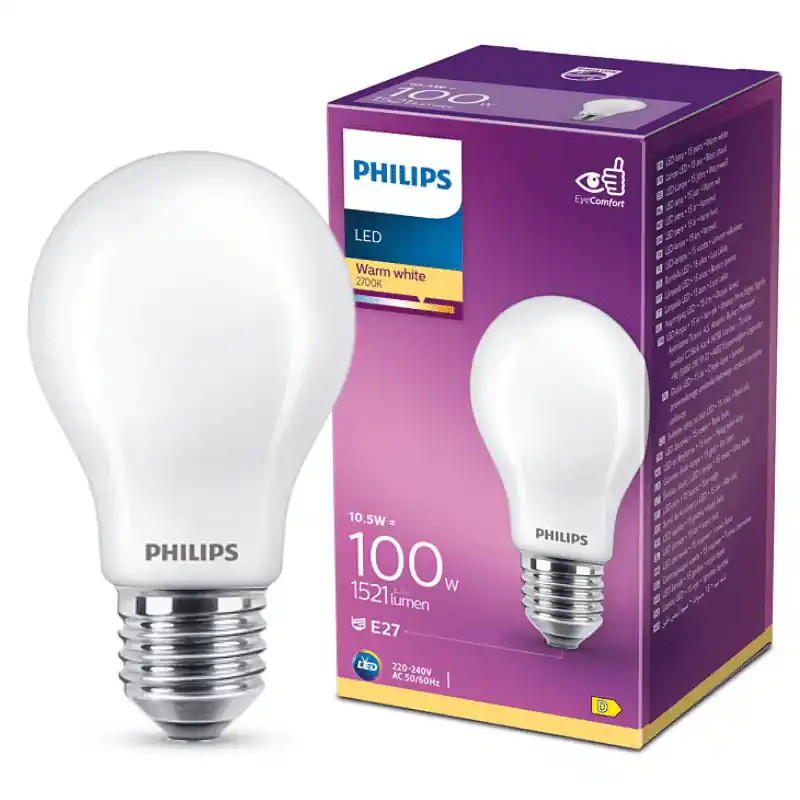 Philips LED izzó, E27, 10,5W, Opál üveg, 1521 lm, 2700K, meleg fehér 300° – 100W-os izzó helyett Akciós ár