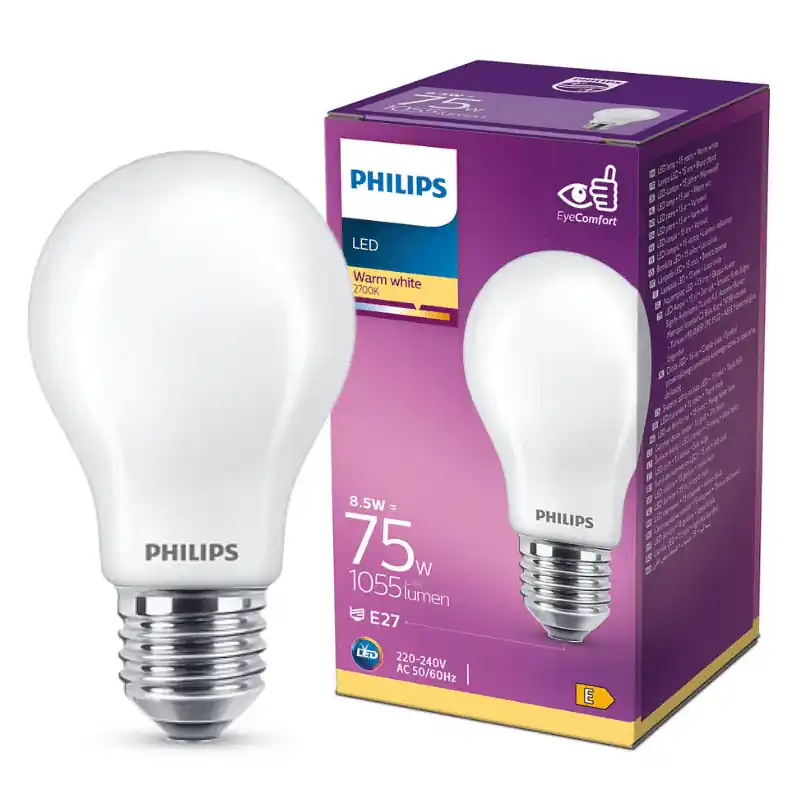 Philips LED izzó, E27, 8.5W, Opál üveg, 1055 lm, 2700K, meleg fehér 300° – 75W-os izzó helyett Biztonságos vásárlás