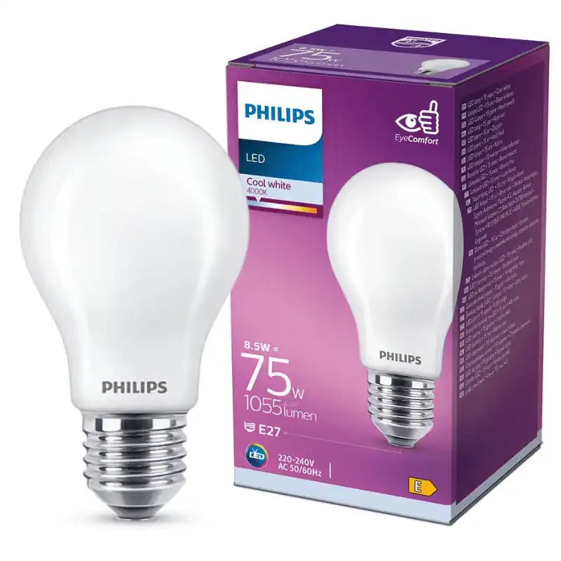 Philips LED izzó, E27, 8.5W, Opál üveg, 1055 lm, 4000K, természetes fehér 300° – 75W-os izzó helyett Olcsó