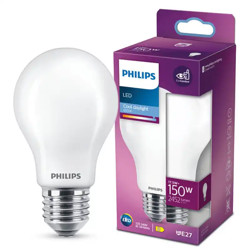 Philips LED izzó, E27, 17.5W, Opál üveg, 2452 lm, 6500K, hideg fehér 300° – 150W-os izzó helyett Kedvezményes ár