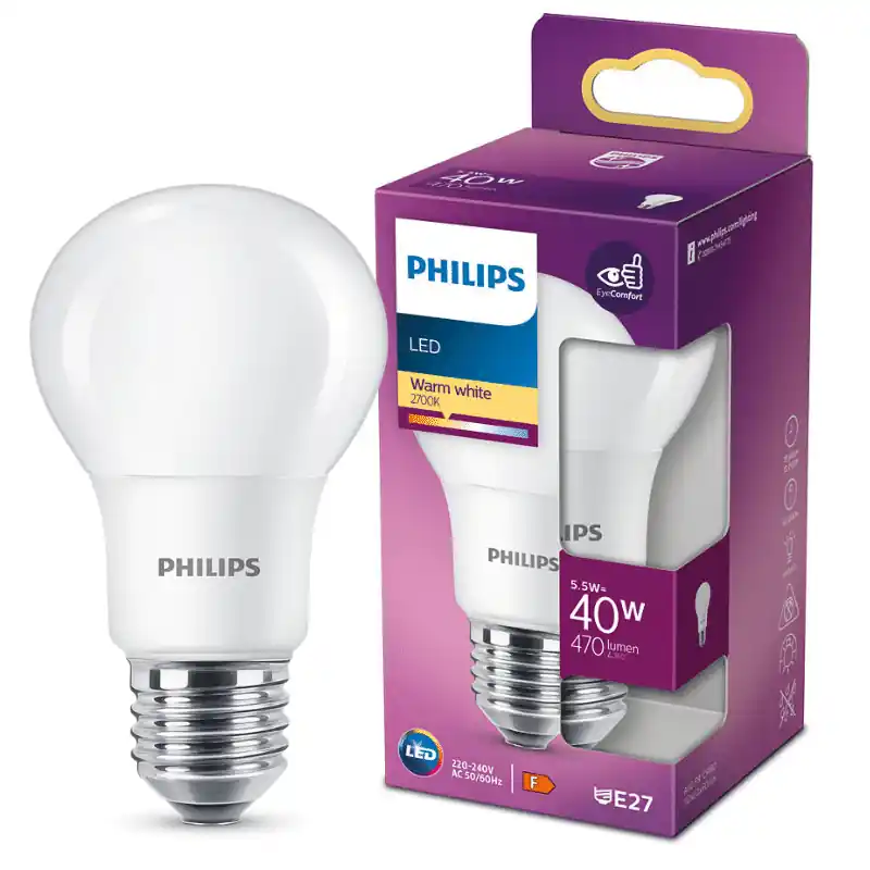 Legkelendőbb Philips LED izzó, E27, 5.5W, Opál, 470 lm, 2700K, meleg fehér 200° – 40W-os izzó helyett