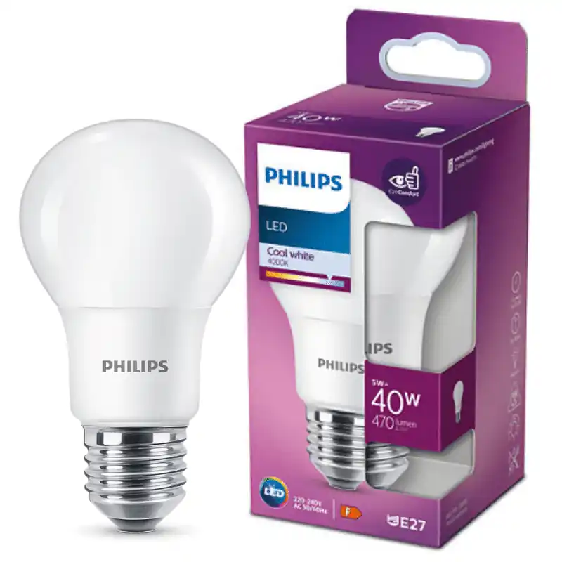 Philips LED izzó, E27, 5.5W, Opál, 470 lm, 4000K, természetes fehér 200° – 40W-os izzó helyett Biztonságos fizetés