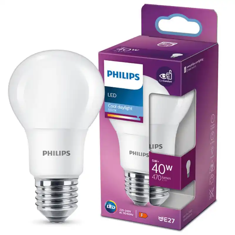 Vásárlói kedvenc Philips LED izzó, E27, 5.5W, Opál, 470 lm, 6500K, hideg fehér 200° – 40W-os izzó helyett