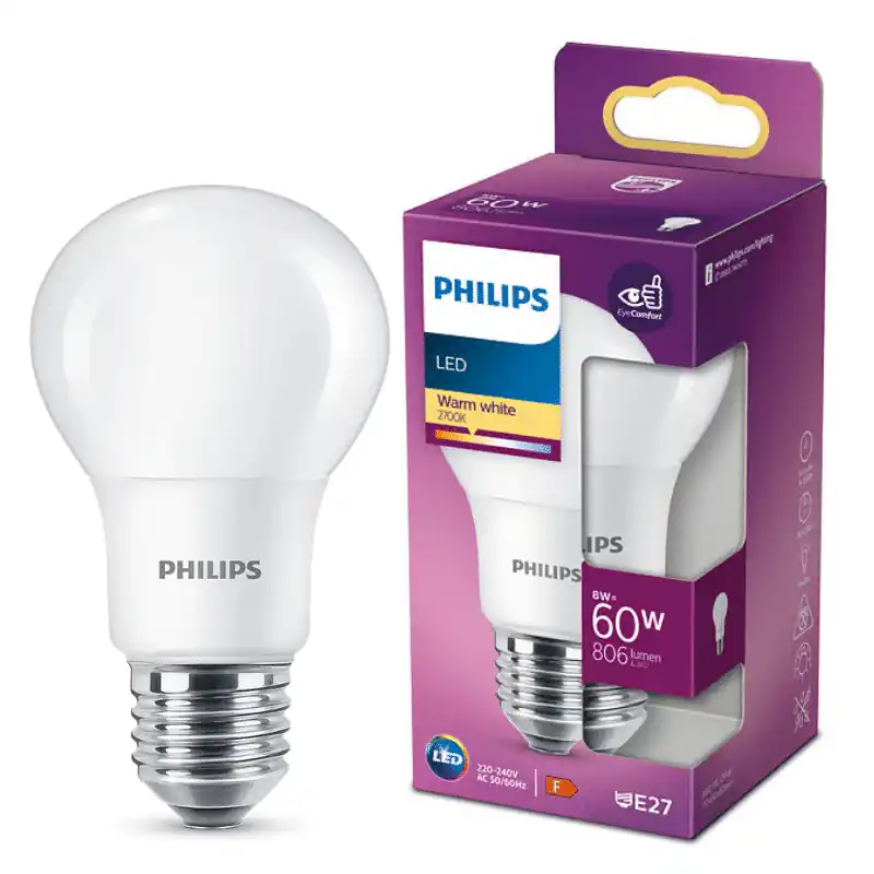 Philips LED izzó, E27, 8W, Opál, 806 lm, 2700K, meleg fehér 200° – 60W-os izzó helyett Kihagyhatatlan ajánlat