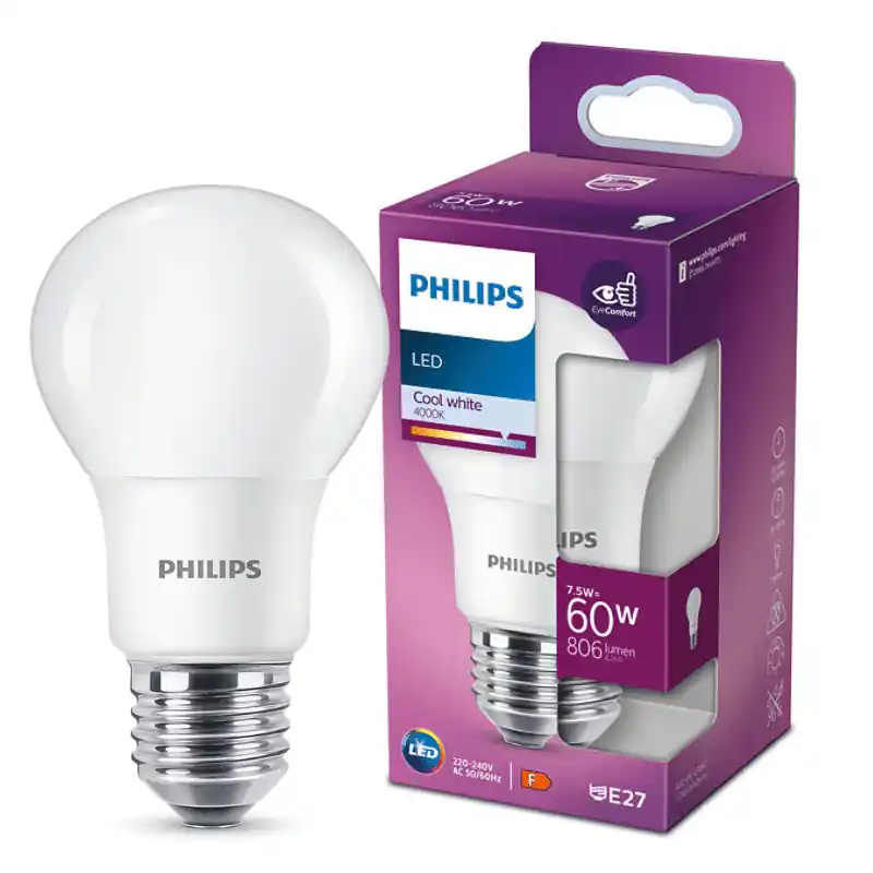 Philips LED izzó, E27, 7.5W, Opál, 806 lm, 4000K, természetes fehér 200° – 60W-os izzó helyett Legjobb ár