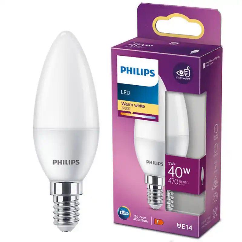 Philips E14 LED gyertya izzó, 5W, Opál műanyag, 470 lm, 2700K, meleg fehér – 40W-os izzó helyett Bestseller