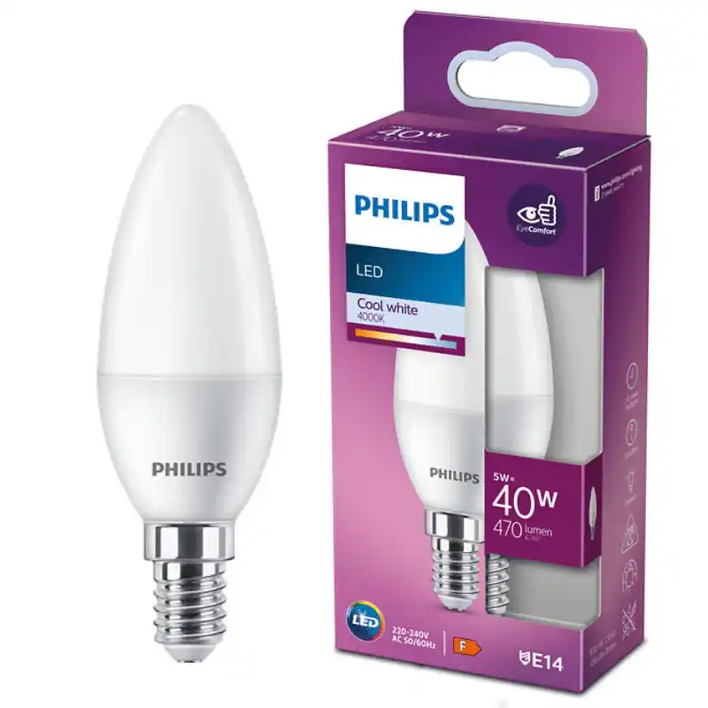 Philips E14 LED gyertya izzó, 5W, Opál műanyag, 470 lm, 4000K, természetes fehér – 40W-os izzó helyett Árengedmény