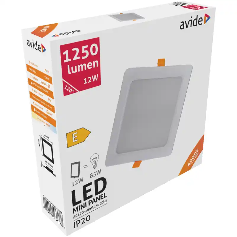 Gyors kiszállítás Avide Négyzetes Beépíthető LED panel 12W Természetes fehér 4000K – ÚJ