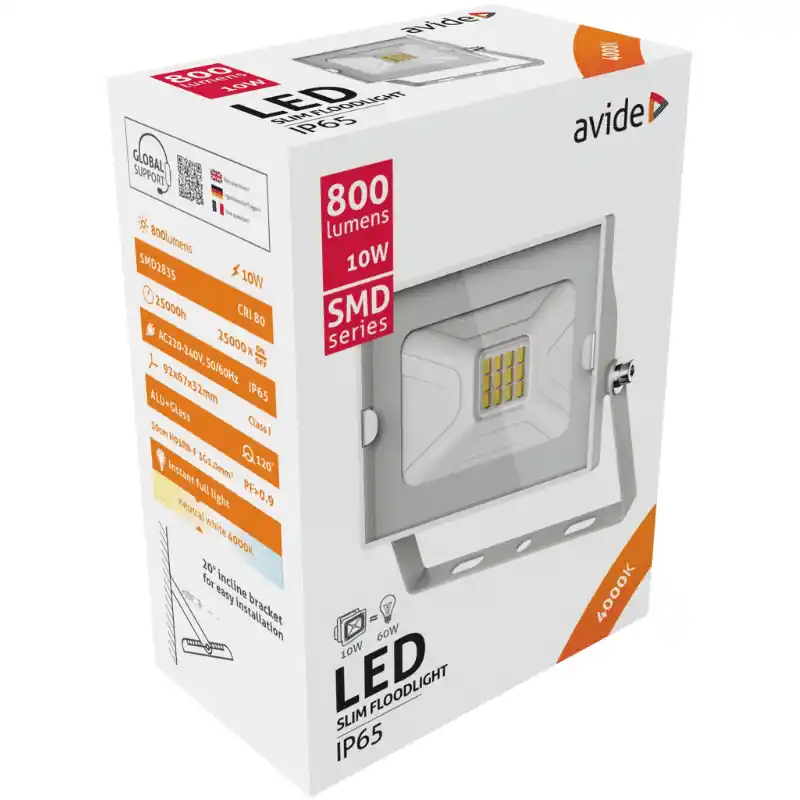 Különleges ajánlat Avide LED Reflektor Slim SMD 10W Természetes fehér 4000K Fehér