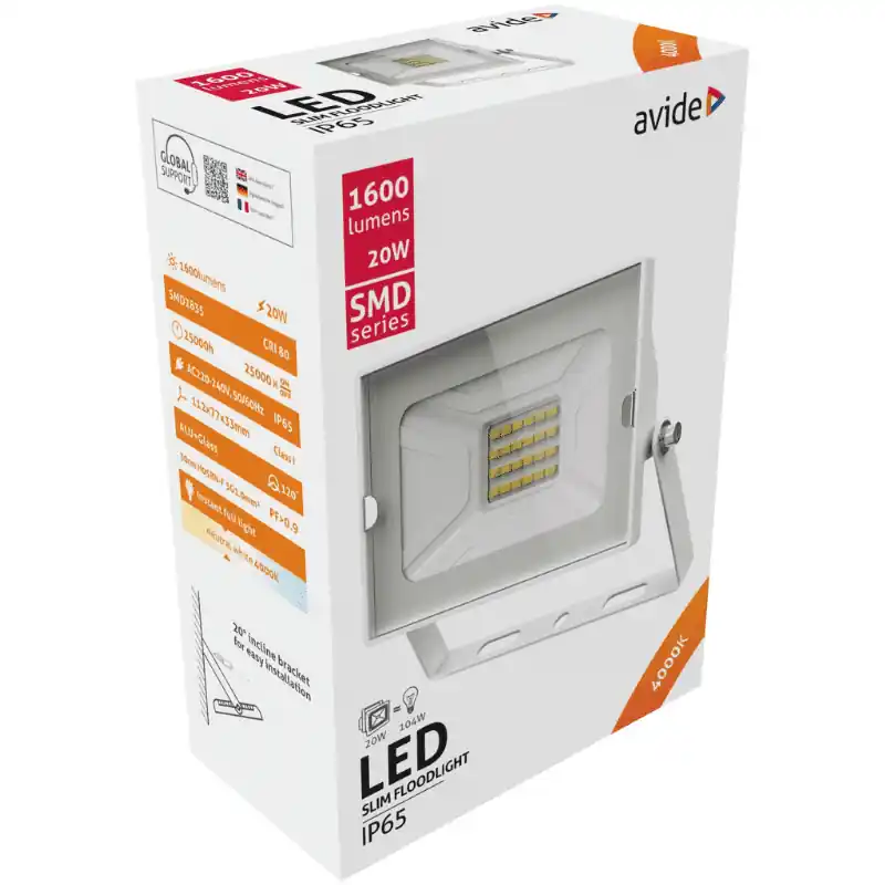 Biztonságos fizetés Avide LED Reflektor Slim SMD 20W Természetes fehér 4000K Fehér