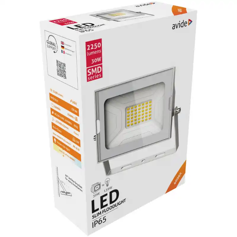 Akciós ár Avide LED Reflektor Slim SMD 30W Természetes fehér 4000K Fehér