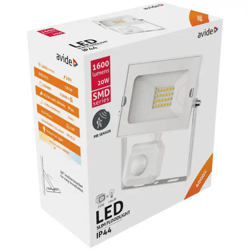 Avide Mozgásérzékelős LED Reflektor Slim SMD 20W Természetes fehér 4000K Fehér Csak ma