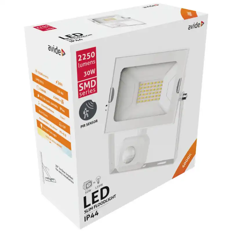 Bestseller Avide Mozgásérzékelős LED Reflektor Slim SMD 30W Természetes fehér 4000K Fehér