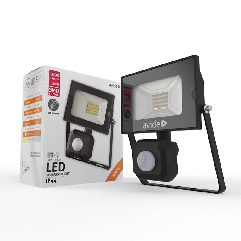 Avide Mozgásérzékelős LED Reflektor Slim SMD 20W Természetes fehér 4000K Fekete Csak ma