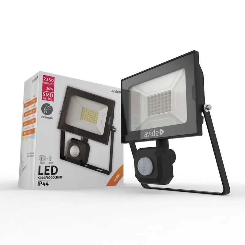 Szuper ajánlat Avide Mozgásérzékelős LED Reflektor Slim SMD 30W Természetes fehér 4000K Fekete
