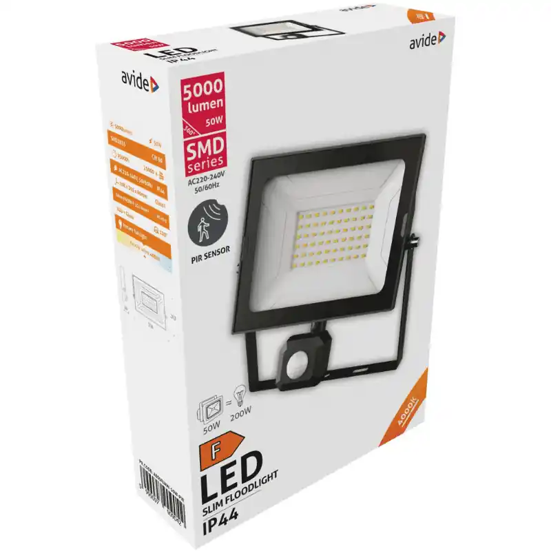 Avide Mozgásérzékelős LED Reflektor Slim SMD 50W Természetes fehér 4000K Fekete Azonnali szállítás