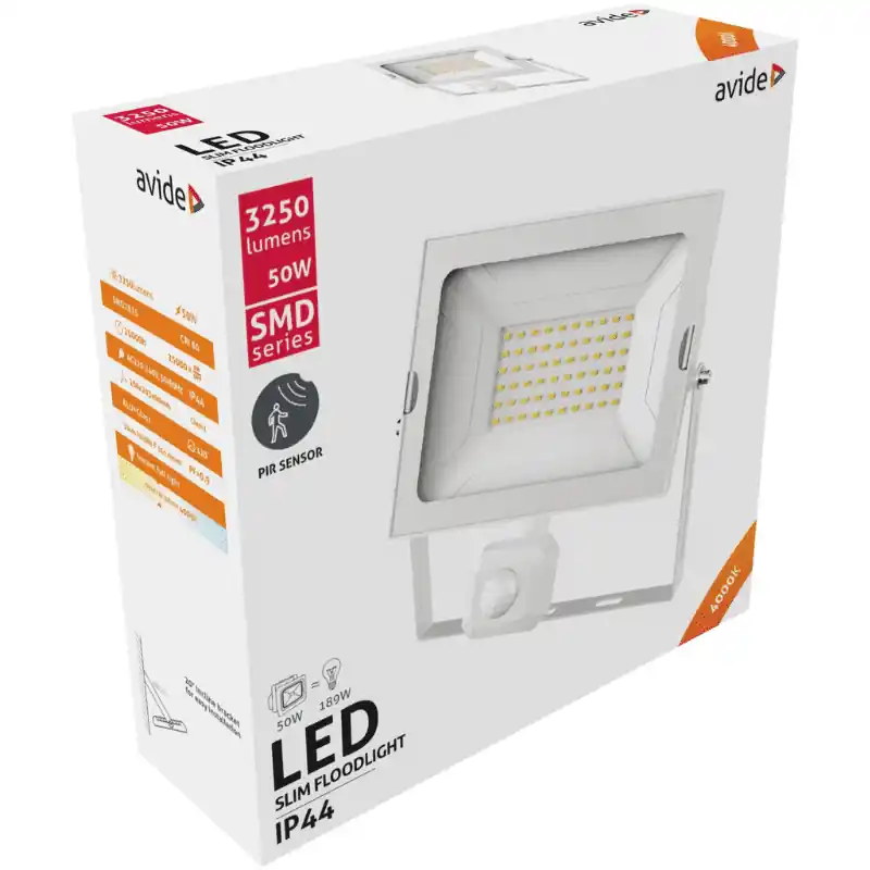 Avide Mozgásérzékelős LED Reflektor Slim SMD 50W Természetes fehér 4000K Fehér Alacsony ár