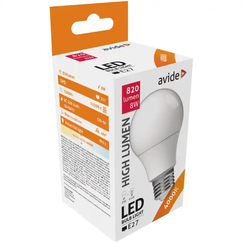 Kedvezményes ár Avide LED Izzó 8W A60 E27 Természetes Fehér 60W-os izzó helyett