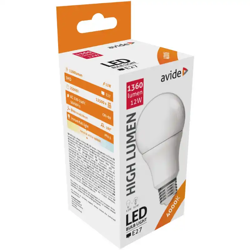 Újdonság Avide LED Izzó 12W A60 E27 Természetes Fehér 91W-os izzó helyett