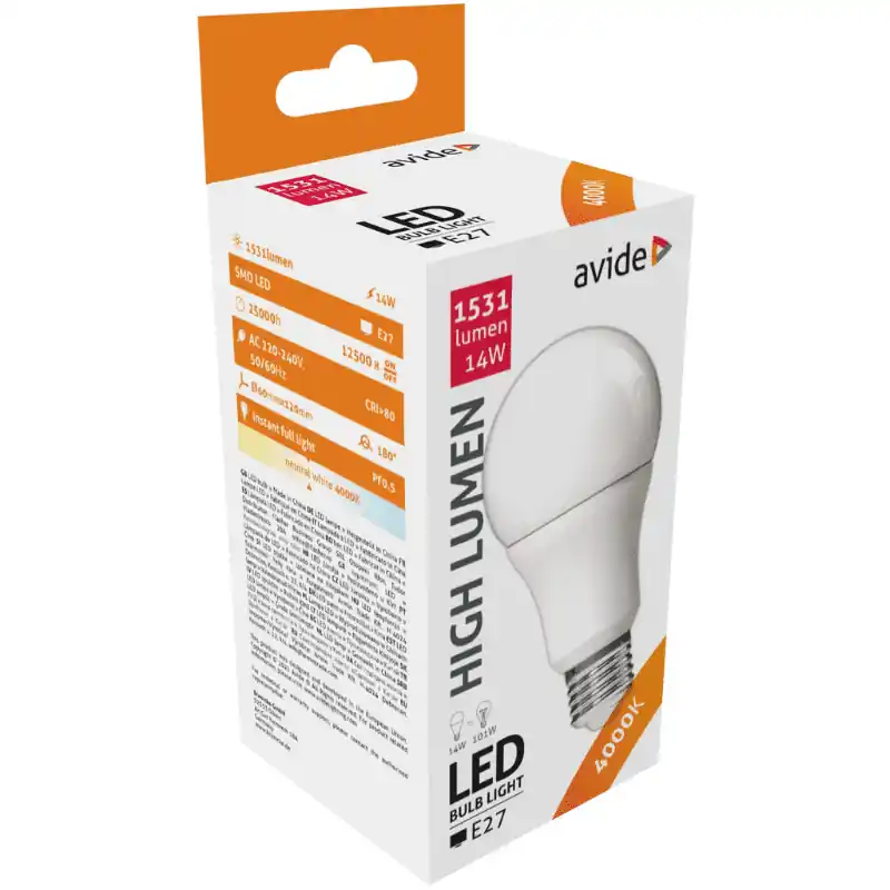 Avide LED Izzó 14W A60 E27 Természetes Fehér 100W-os izzó helyett Akciós ár