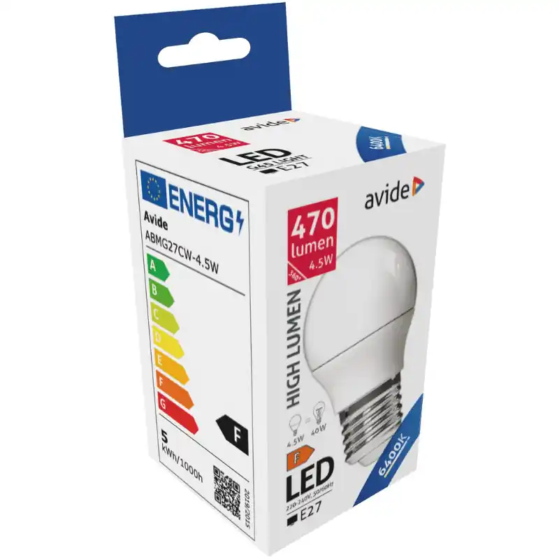 Gyors szállítás Avide Kis Gömb LED Izzó 4.5W G45 E27 Hideg Fehér