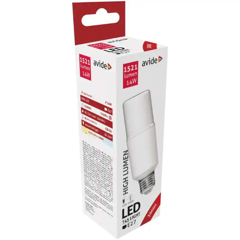 Legjobb ár Avide Stick LED Izzó 14W T45 E27 Meleg Fehér