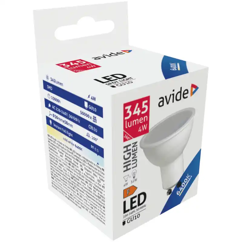 Gyors kiszállítás Avide LED Spot GU10 4W 110° Hideg fehér – 32W-os izzó helyett
