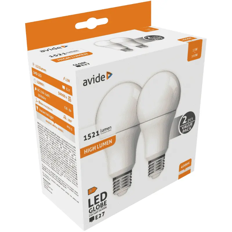 Avide LED Izzó Gazdaságos Kiszerelésben A60 13W E27 Természetes Fehér 3 év garanciával 2db/csomag Alacsony ár