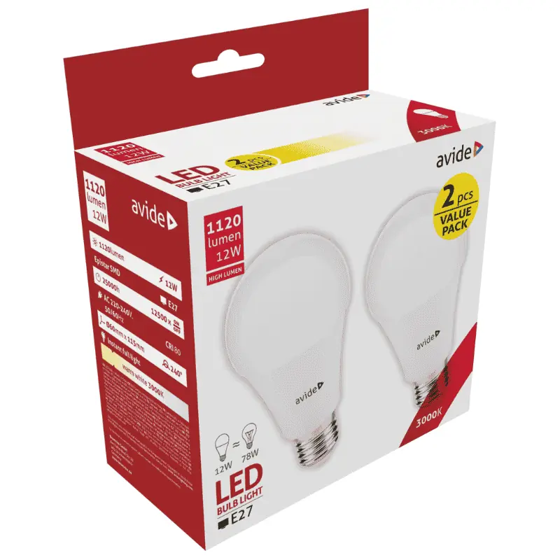 Népszerű Avide LED Izzó Gazdaságos Kiszerelésben A60 12W E27 Meleg Fehér 3 év garanciával 2db/csomag