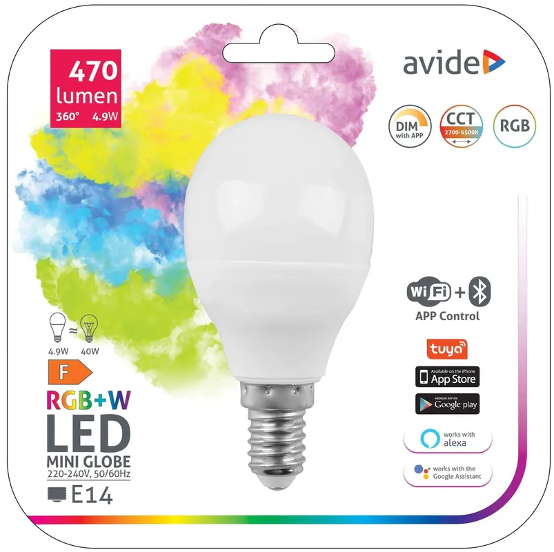 Avide Smart LED kis gömb izzó E14 4.9W RGB+CCT WIFI + BLUETOOTH vezérlés Kihagyhatatlan ajánlat