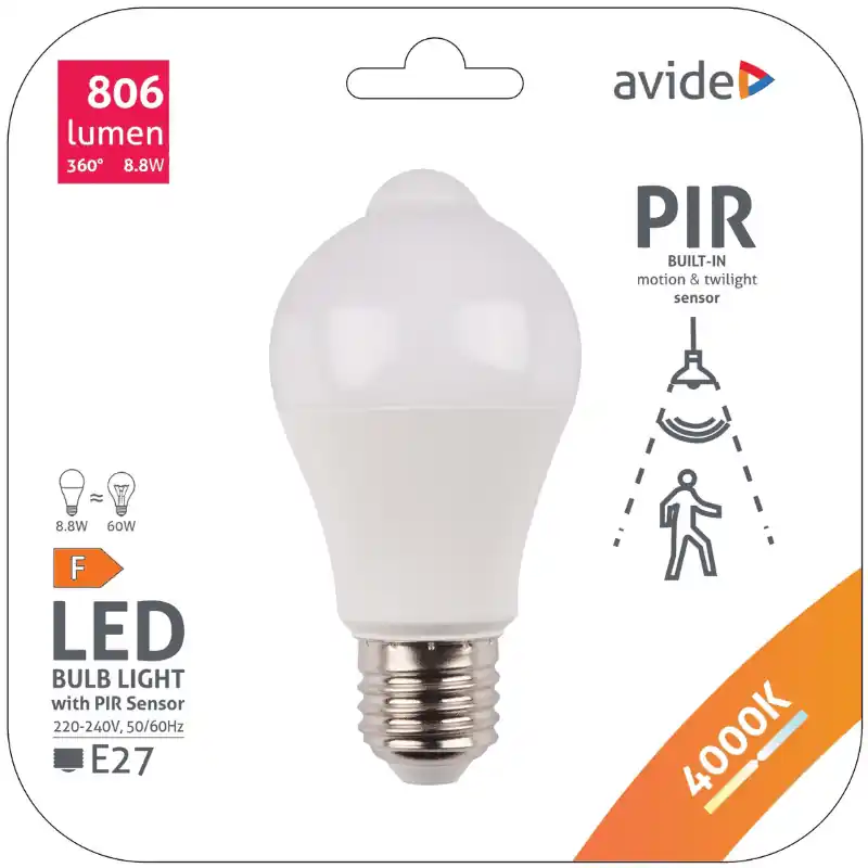Avide mozgásérzékelős LED izzó E27 8.8W természetes fehér Szuper ajánlat
