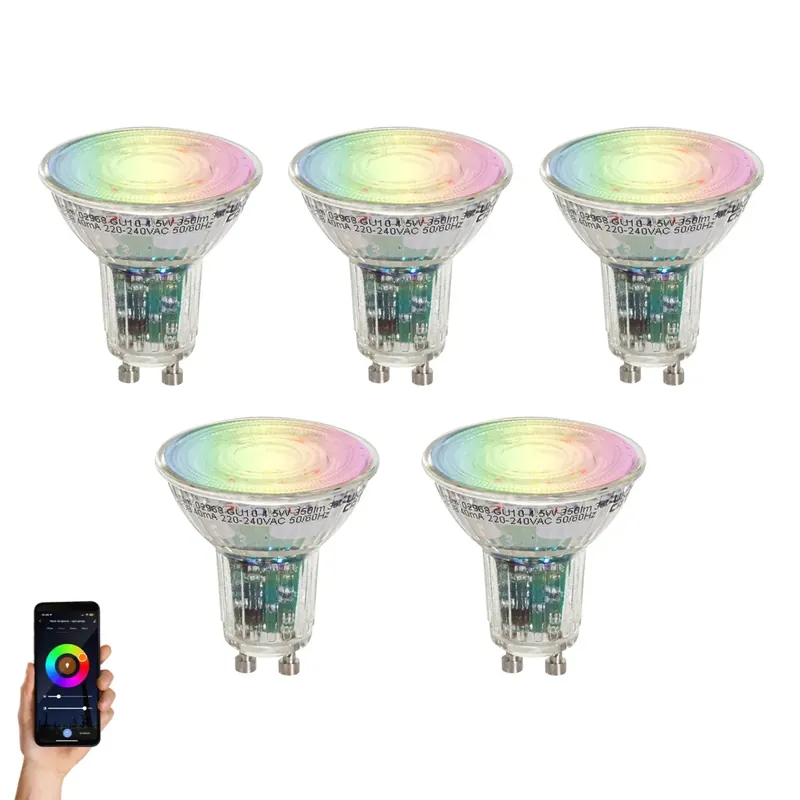 Prémium 5 darabos Smart GU10 50 LED izzókészlet átlátszó RGBW 4,5W 350 lm 2700-6000K