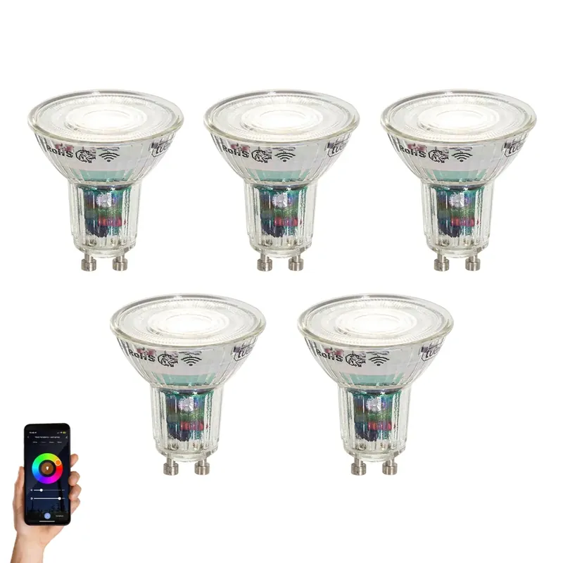 Korlátozott ajánlat 5 darabos intelligens GU10 50 mm-es LED izzókészlet, átlátszó, 4,8 W, 400 lm, 1800-6500 K