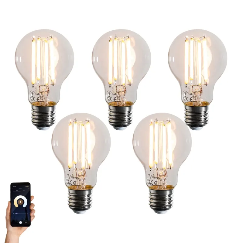 5 darabos intelligens E27-es, Kelvinben szabályozható LED izzókészlet A60 átlátszó 7W 806 lm 1800-3000K Kiárusítás