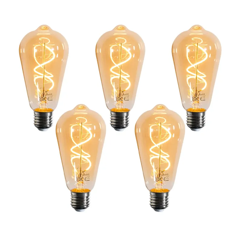 5 darabos E27 dimmelhető LED izzókészlet spirál szál ST64 arany 4W 270 lm 2100K Szezonális akció