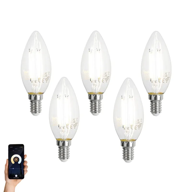 5 darabos Smart E14 LED izzókészlet C35 átlátszó 4,2W 470 lm 2700-6500K Rendeld meg most