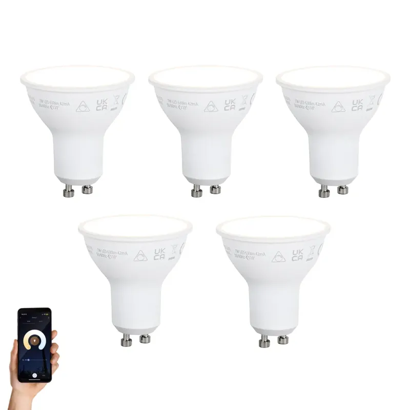 Ne maradj le 5 darabos Smart GU10 50 mm-es dimmelhető LED izzókészlet, opál, 7W, 630 lm, 2700K