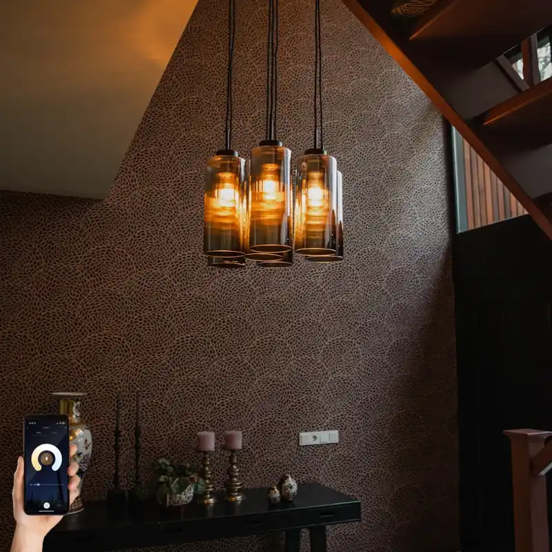 Vásárlói kedvenc Okos függőlámpa fekete füstüveggel, 7 izzós, 7 Wifi ST64-es izzóval - Laura