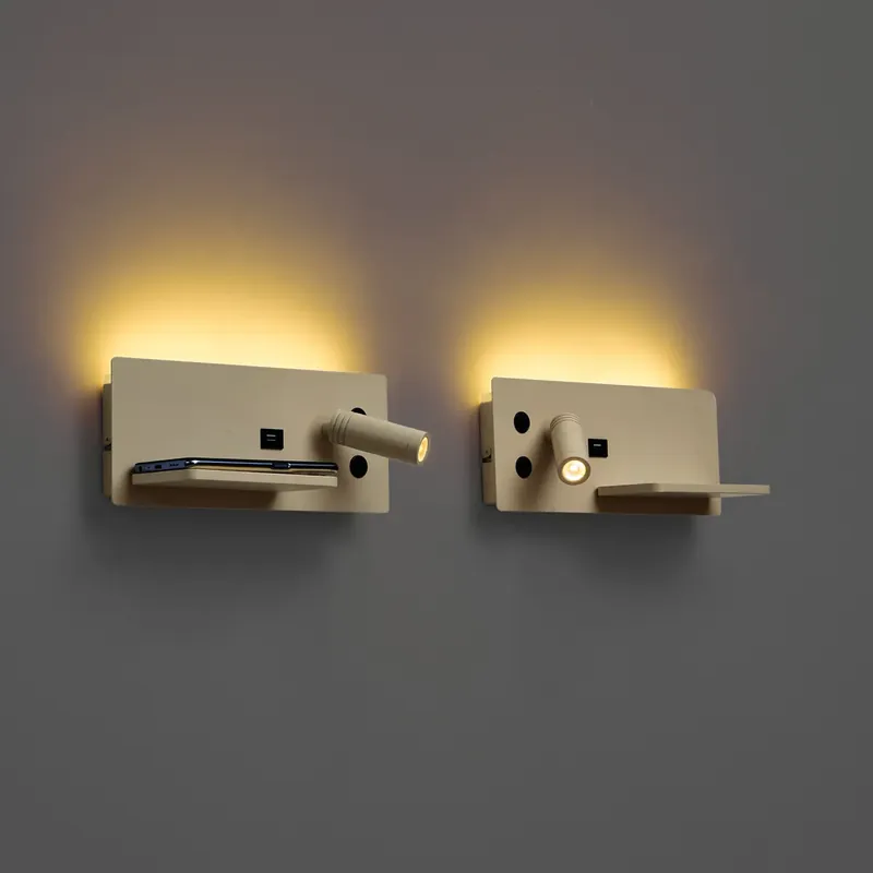 Árengedmény 2 darabos bézs fali lámpa szett LED-del, USB-vel és indukciós töltővel - Riza
