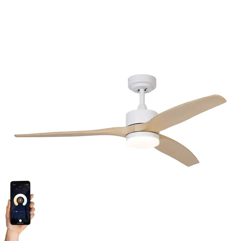 Okos mennyezeti ventilátor fehér fa mintával 132 cm LED-del, fényerőszabályzóval és távirányítóval - Joly Gyors szállítás