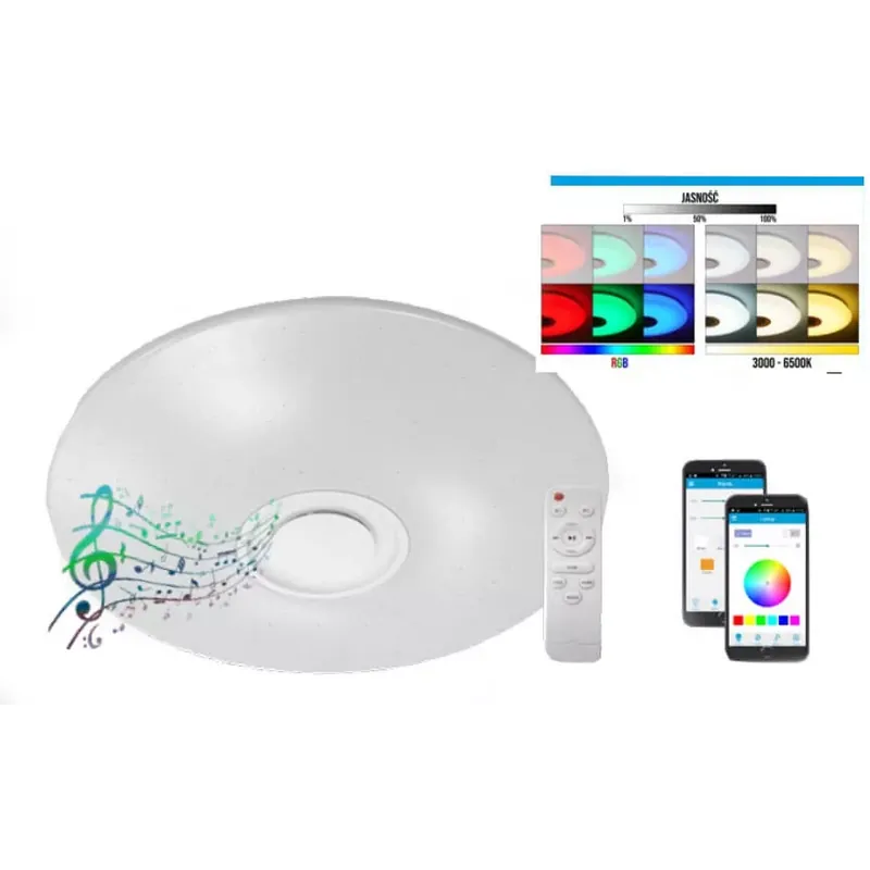 Ne maradj le MasterLED Porto 7234 távirányítós, hangszórós mennyezetlámpa, 72W LED, 3000K-6000K+RGB, 5020 lumen