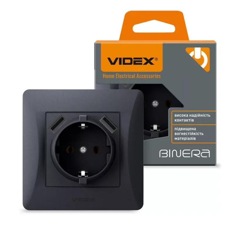 Videx Binera fekete színű süllyesztett földelt csatlakozó aljzat + 2 db USB csatlakozó (20/120) Exkluzív ajánlat