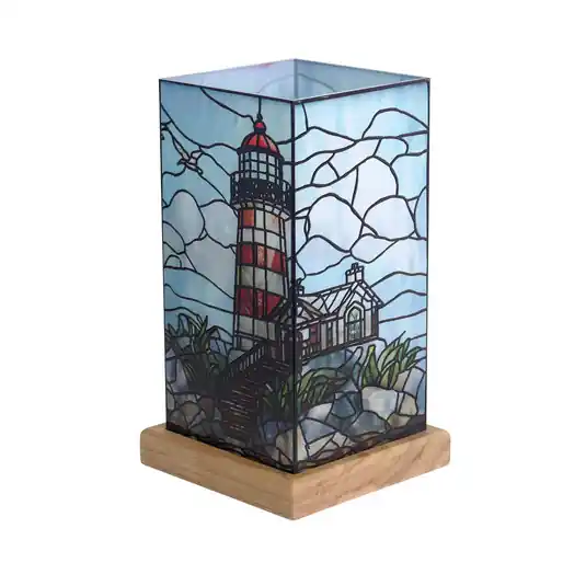 Szezonális akció LED asztali lámpa Art Light világítótorony, fa talapzat, akril, színes