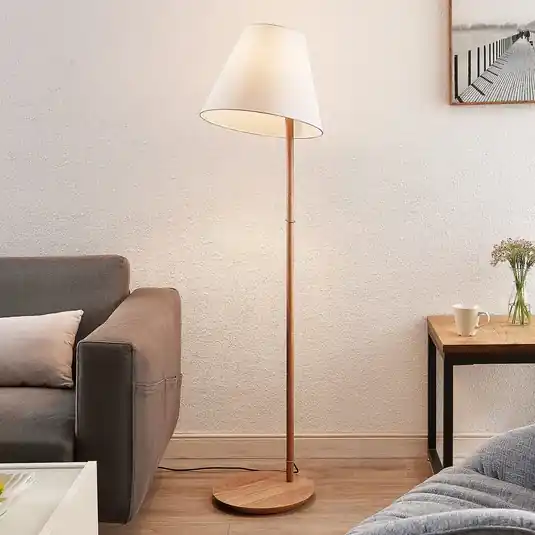 Lucande állólámpa Jinda, fehér, fa, szövet, 160 cm, E27 Prémium