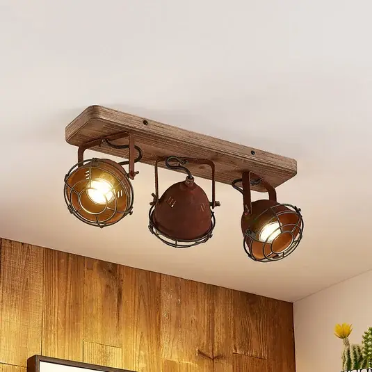 Vásárlói kedvenc Lindby mennyezeti spot Farovi, rozsda, 45 cm, 3 lámpa, fa, GU10