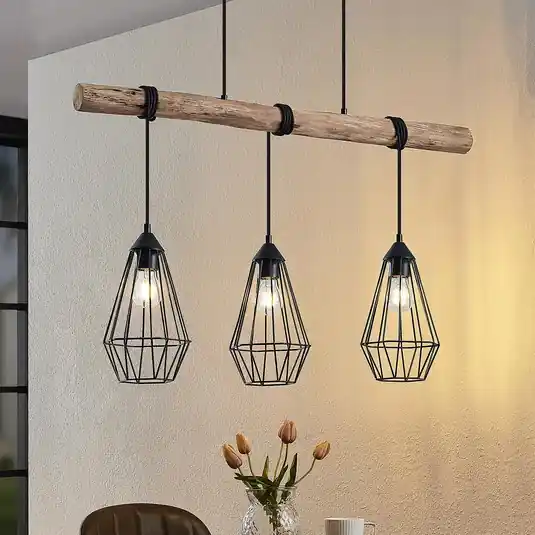 Lindby függőlámpa Eldarion, 90 cm, 3 lámpás, fa, E27 Olcsó