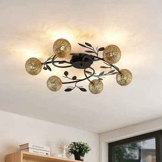 Különleges ajánlat Lucande mennyezeti lámpa Evory, Ø 69 cm, 6 lámpás, fekete/arany, G9