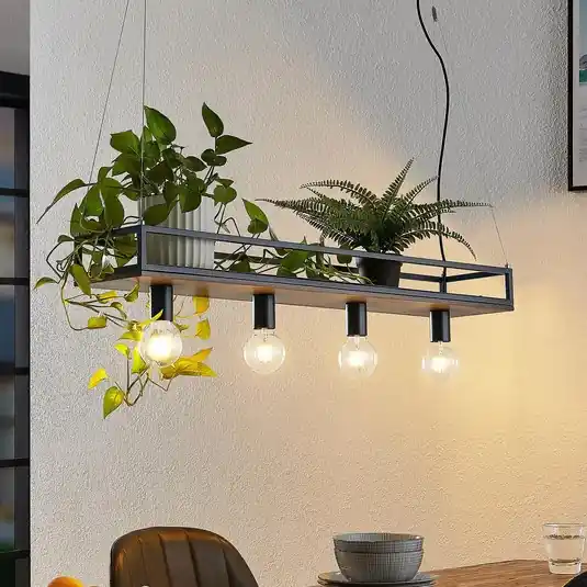 Lindby Kirista lógó lámpa, 4 izzós, fekete/fa, 100 cm, E27 Csak ma