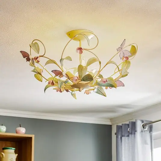 Árcsökkenés BUTTERFLY mennyezeti lámpa, krém/zöld/rózsaszín, rozsdamentes acél, 3 izzós